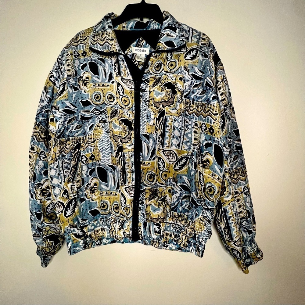 Vintage Bogari 100% Silk Floral Bomber Jacket -Navy/Cream Multi Size Small EUC